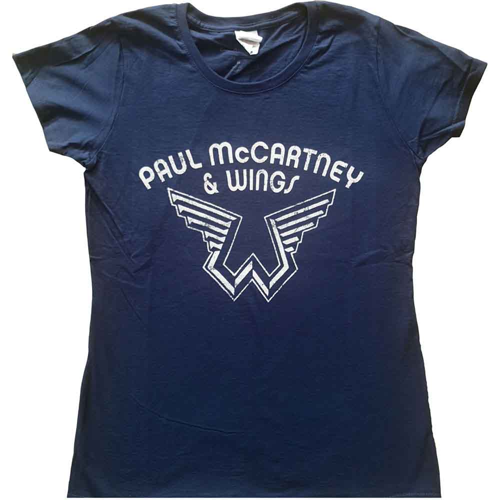 Navy blue ladies t-shirt with white "Paul McCartney & Wings" logo.