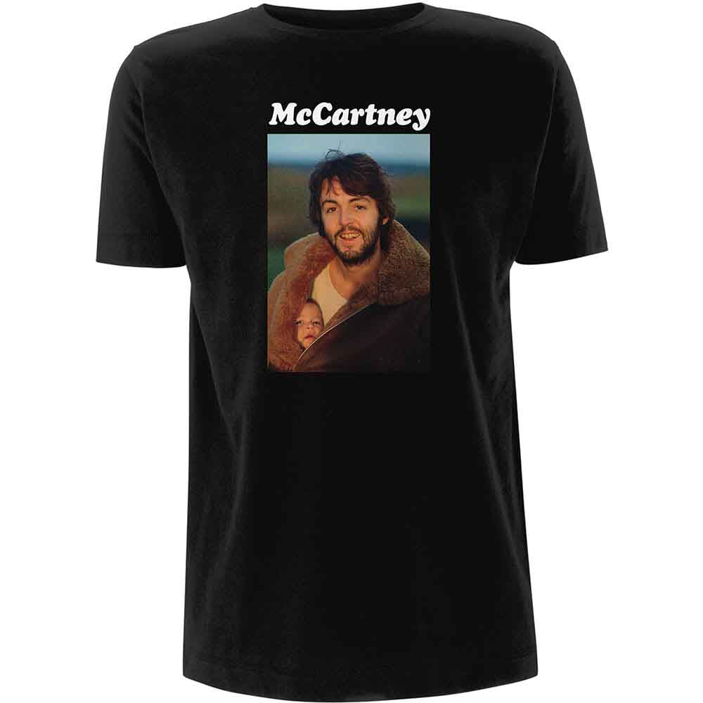 Black t-shirt with a portrait of Paul McCartney and a child.