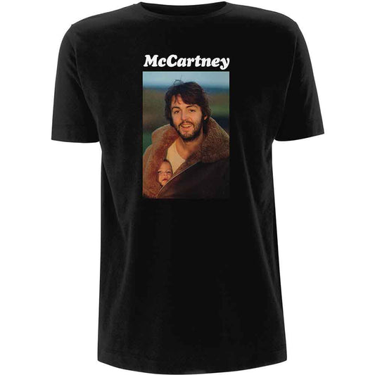 Black t-shirt with a portrait of Paul McCartney and a child.