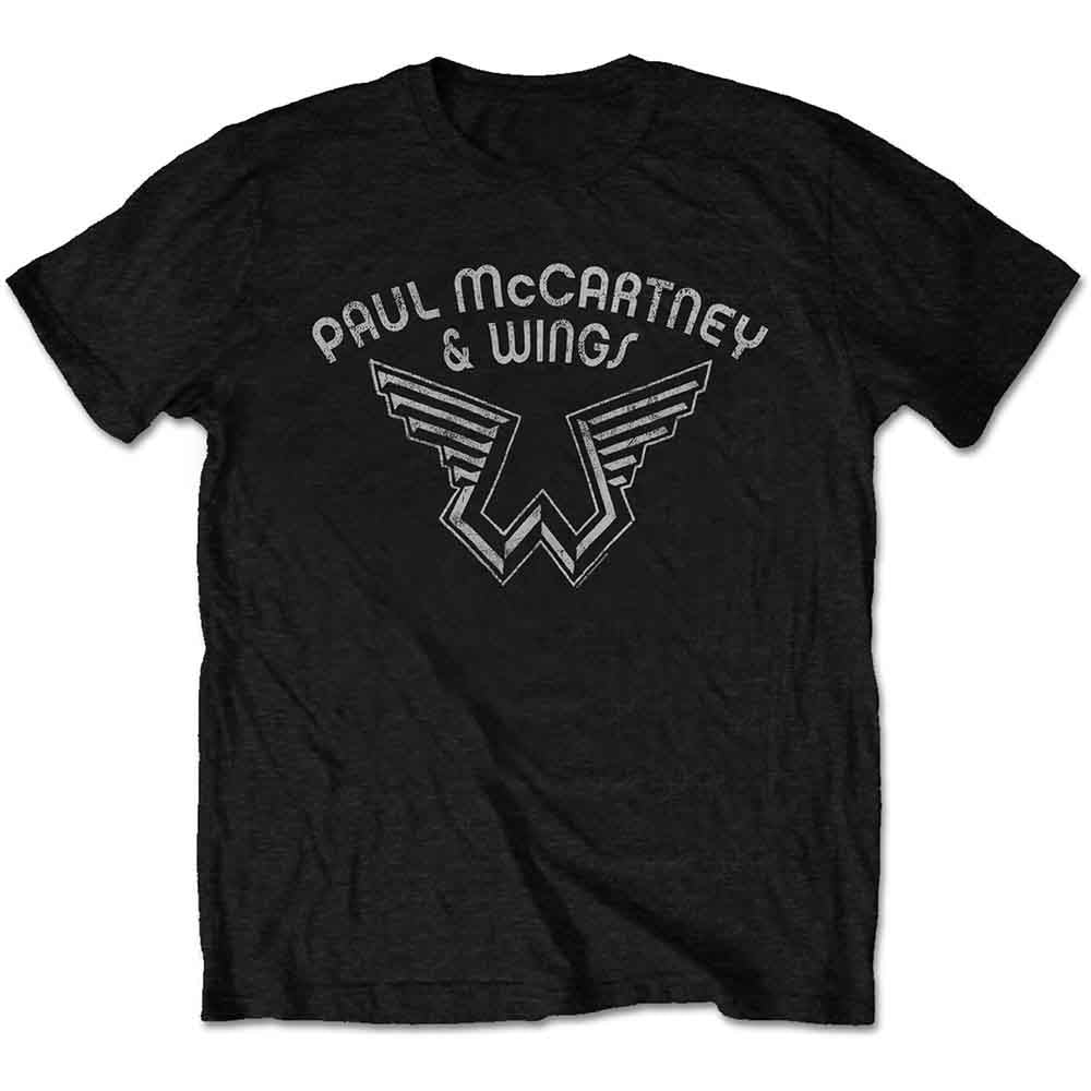 Black t-shirt with "Paul McCartney & Wings" logo graphic.