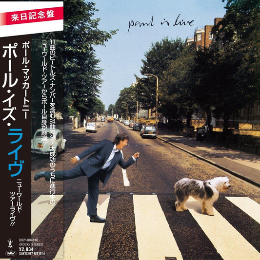 Paul McCartney album cover: man in suit mid-stride on zebra crossing.