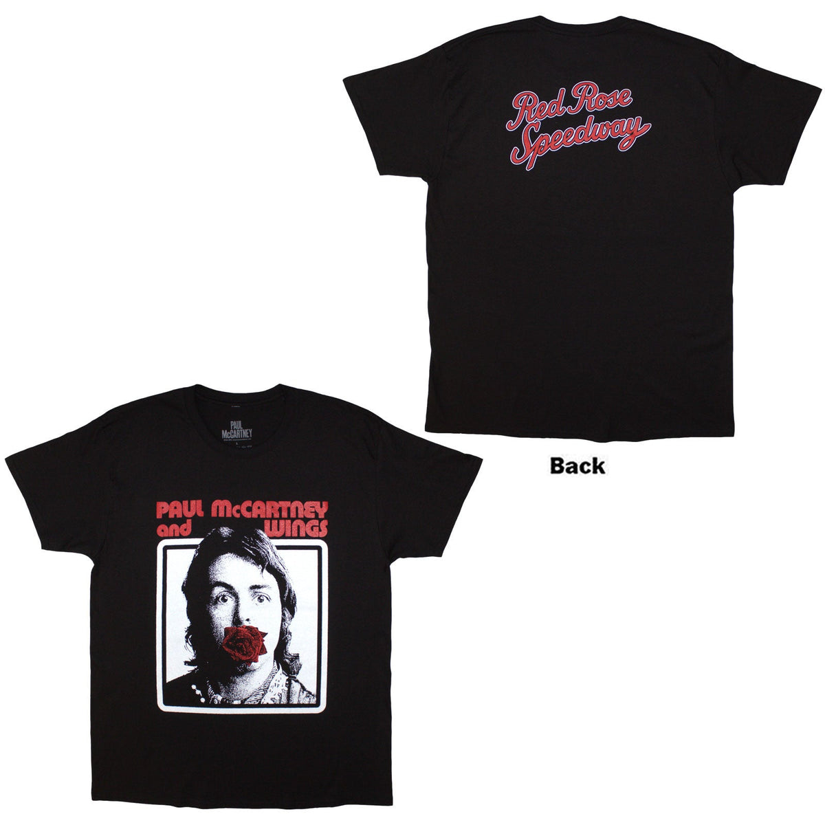 Black t-shirt with a graphic of Paul McCartney and a red rose.