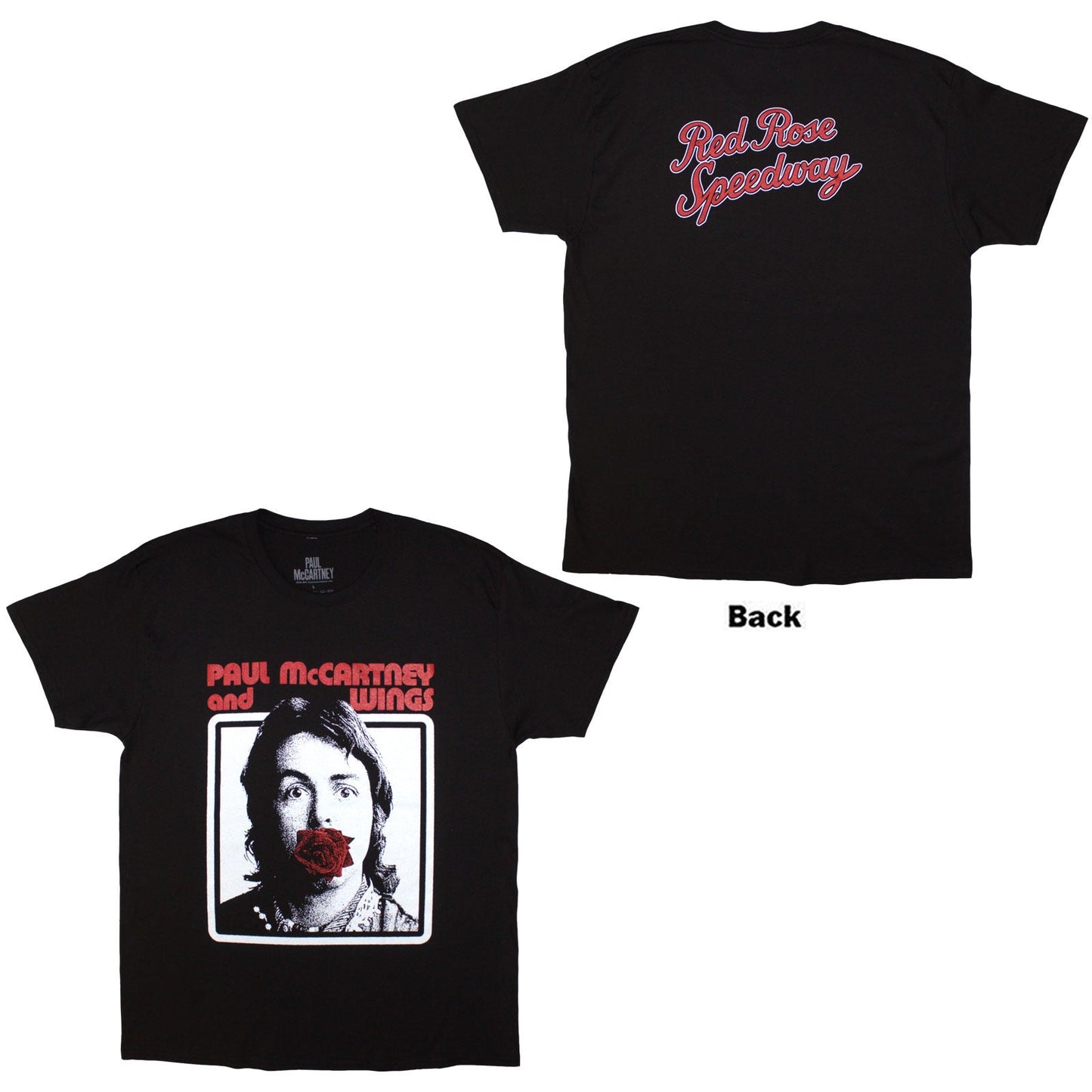 Black t-shirt featuring Paul McCartney and Wings graphic with a red rose.