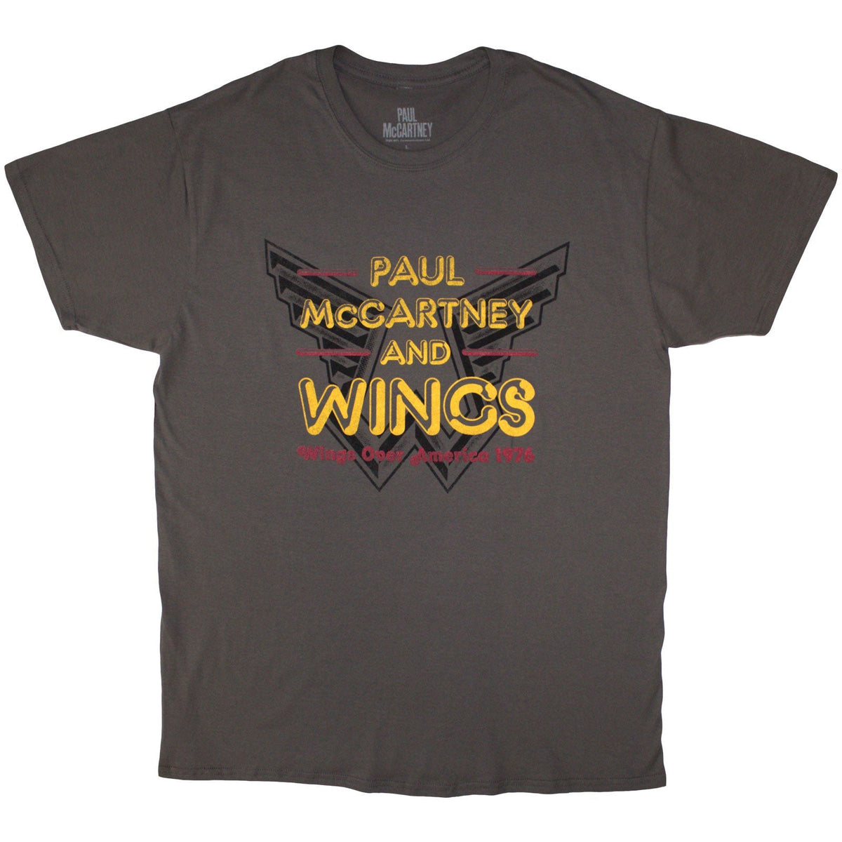 Charcoal grey t-shirt with Paul McCartney and Wings logo and Wings Over America 1976 text.