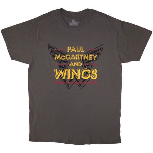 Charcoal grey t-shirt with Paul McCartney and Wings logo and Wings Over America 1976 text.