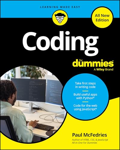 Coding For Dummies" book cover with a person working at a computer.