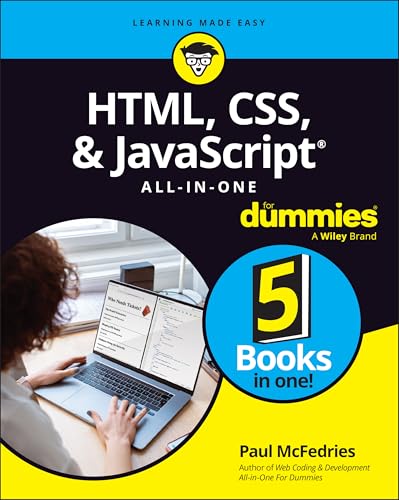 Book cover: "HTML, CSS, & JavaScript All-in-One For Dummies" with laptop image.