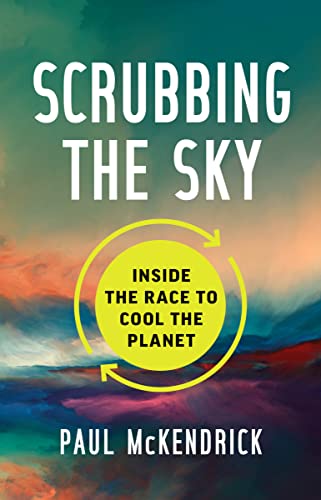 Book cover: "Scrubbing the Sky" with a yellow circular graphic and clouds.