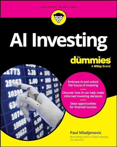 Book cover: "AI Investing For Dummies" with robotic hand and stock chart.