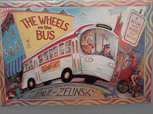 Illustrated cover of The Wheels on the Bus showing a bus, passengers, and cyclist.