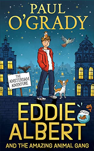 Book cover: boy with animals in front of Amsterdam buildings.