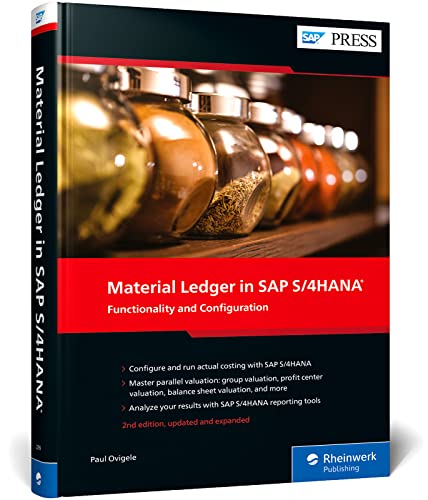 Book cover: "Material Ledger in SAP S/4HANA" with spice jars.