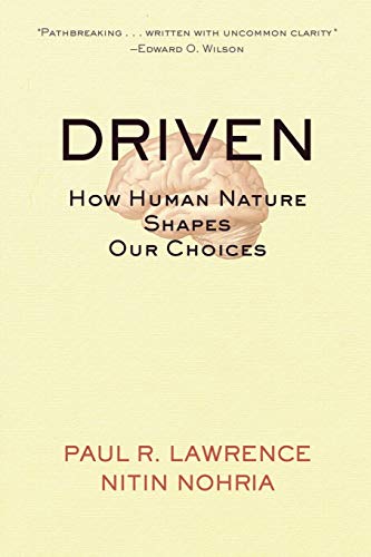 Book cover: "Driven" with brain illustration, authors Paul R. Lawrence & Nitin Nohria.