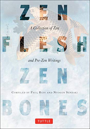 Book cover: "Zen Flesh, Zen Bones" with fish illustrations.