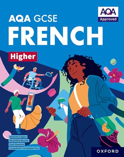 AQA GCSE French Higher student book cover with colorful illustrations of people and objects.