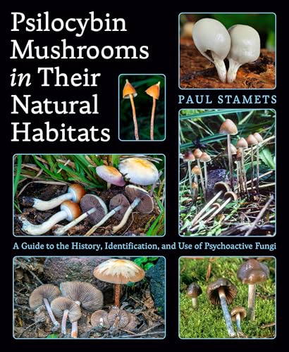Book cover featuring various photos of psilocybin mushrooms in forest settings.