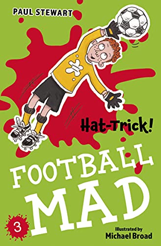 Cartoon of a boy in goalkeeper uniform diving for a football.