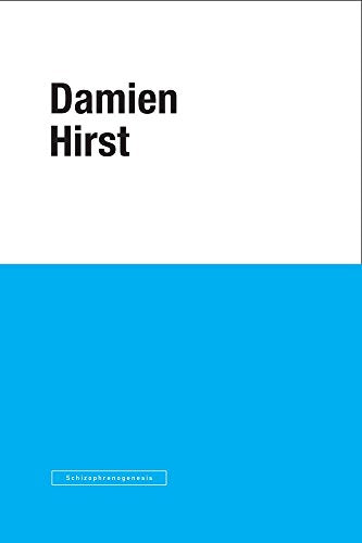 Book cover: "Damien Hirst: Schizophrenogenesis" with blue and white blocks.
