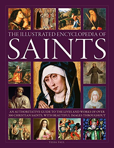 Book cover titled The Illustrated Encyclopedia of Saints featuring a collage of religious art.