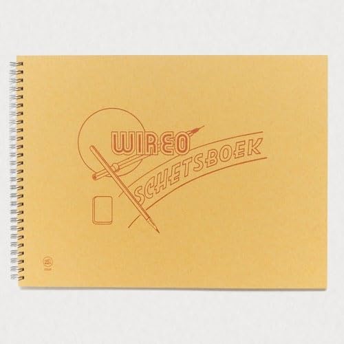 Tan sketchbook with red line drawing of pencil and geometric shapes.