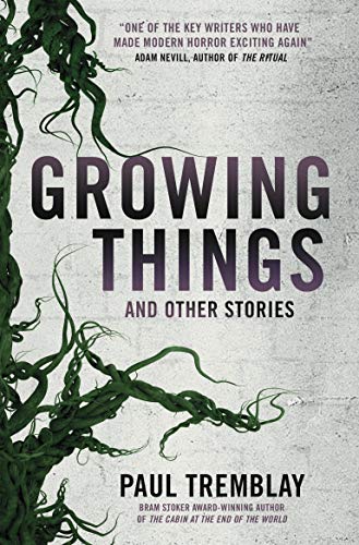 Book cover with title Growing Things and dark green vine-like growths on grey background.