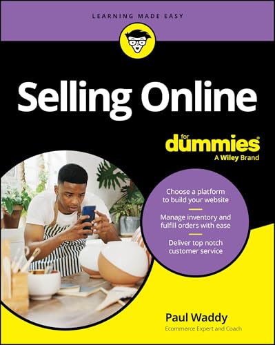 Book cover: "Selling Online For Dummies" with a man using a smartphone.