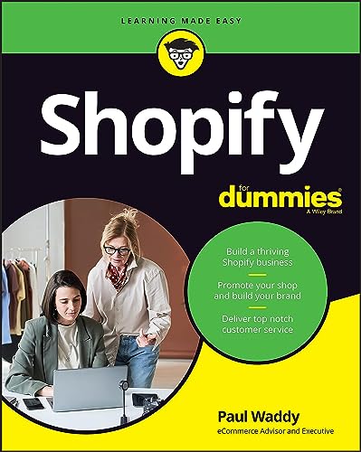 Book cover for "Shopify For Dummies" with a woman using a laptop.
