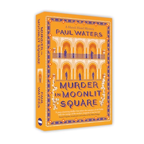 Book cover with orange background, architectural illustrations, and title text Murder in Moonlit Square.