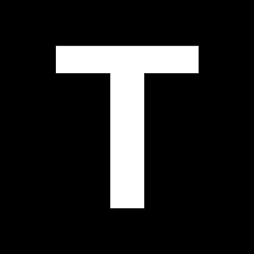 White capital letter "T" on a solid black background.