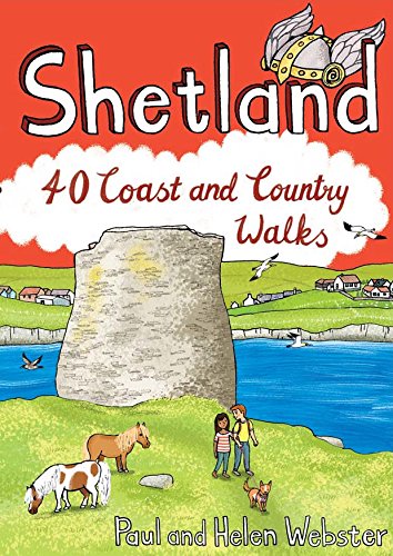Book cover featuring an illustration of Shetland landscape, ponies, hikers, and a stone tower.