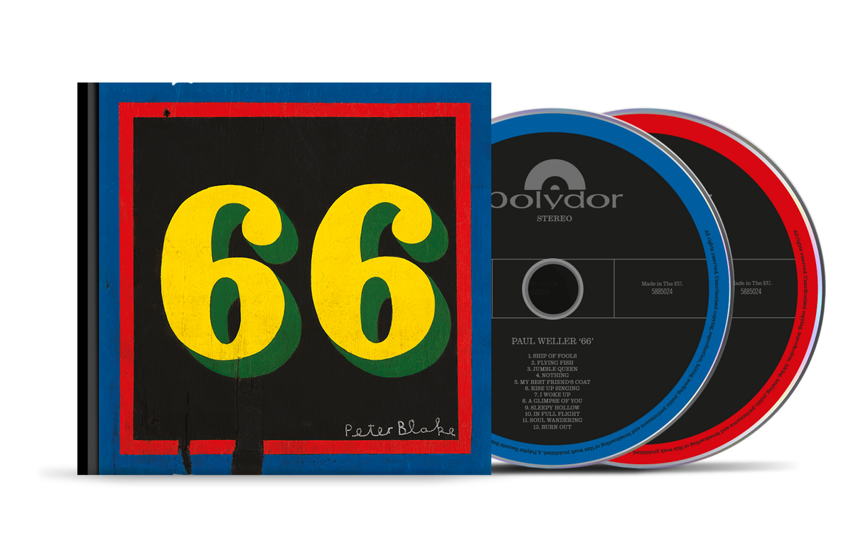CD with large yellow number "66" and blue and red geometric design.