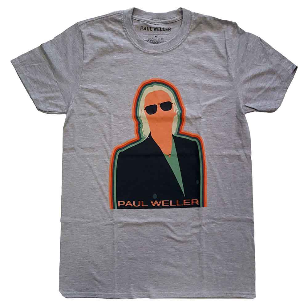 Grey t-shirt with illustrated portrait of Paul Weller wearing sunglasses.