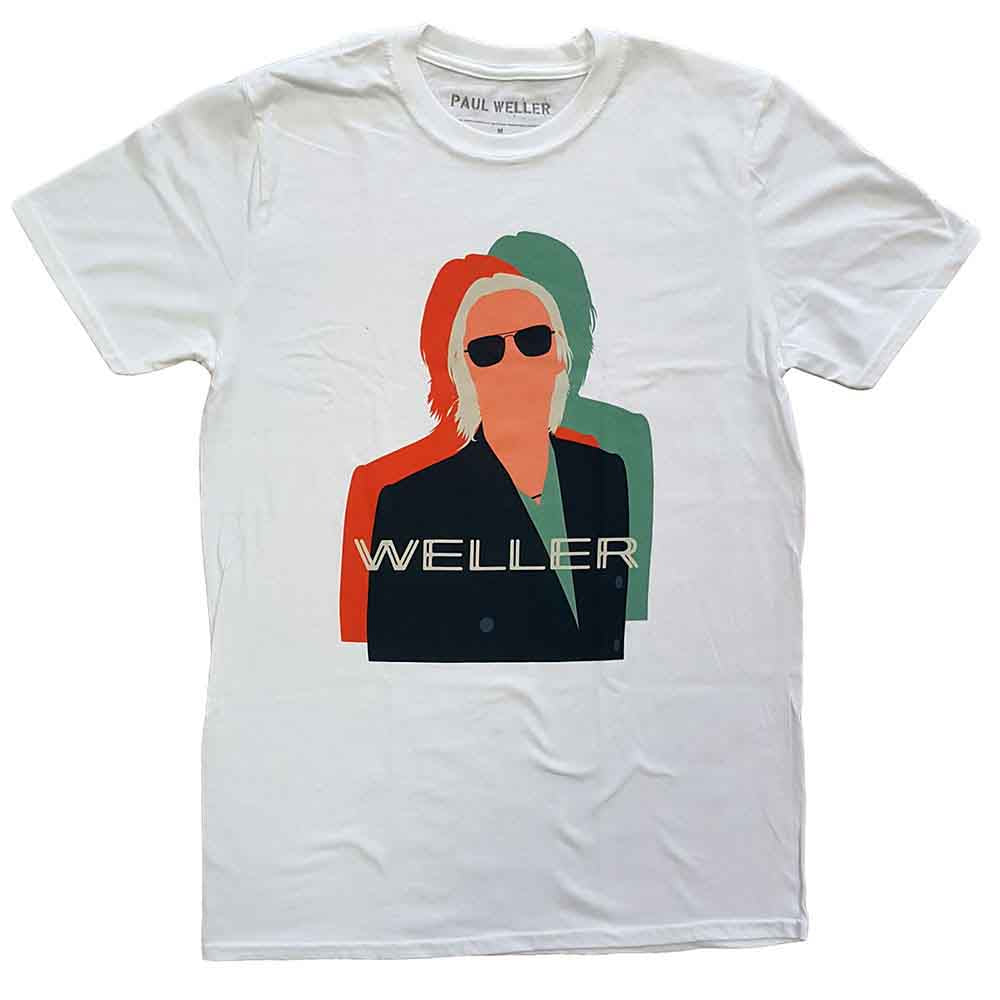 White t-shirt featuring a stylized illustration of Paul Weller with the text WELLER below.