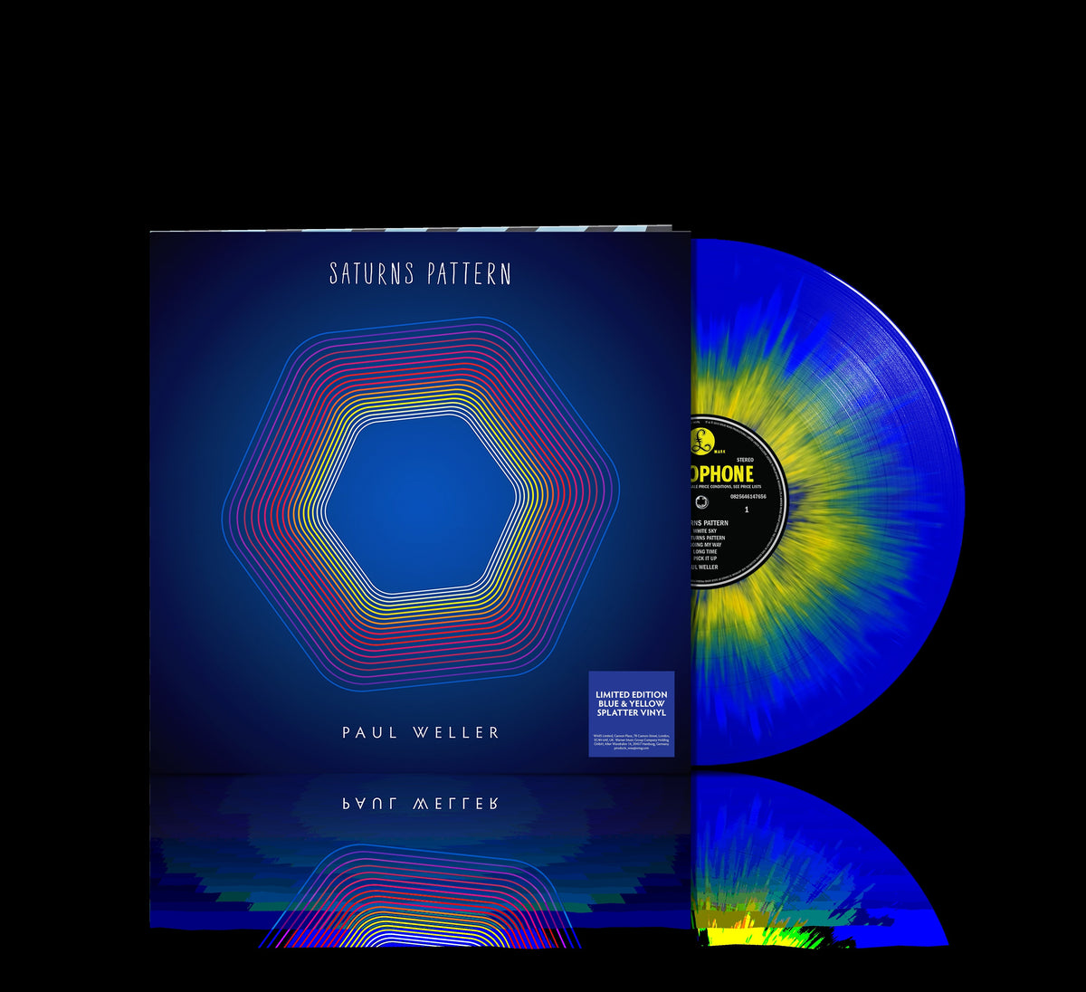 Paul Weller's "Saturns Pattern" vinyl LP with colorful splatter effect.