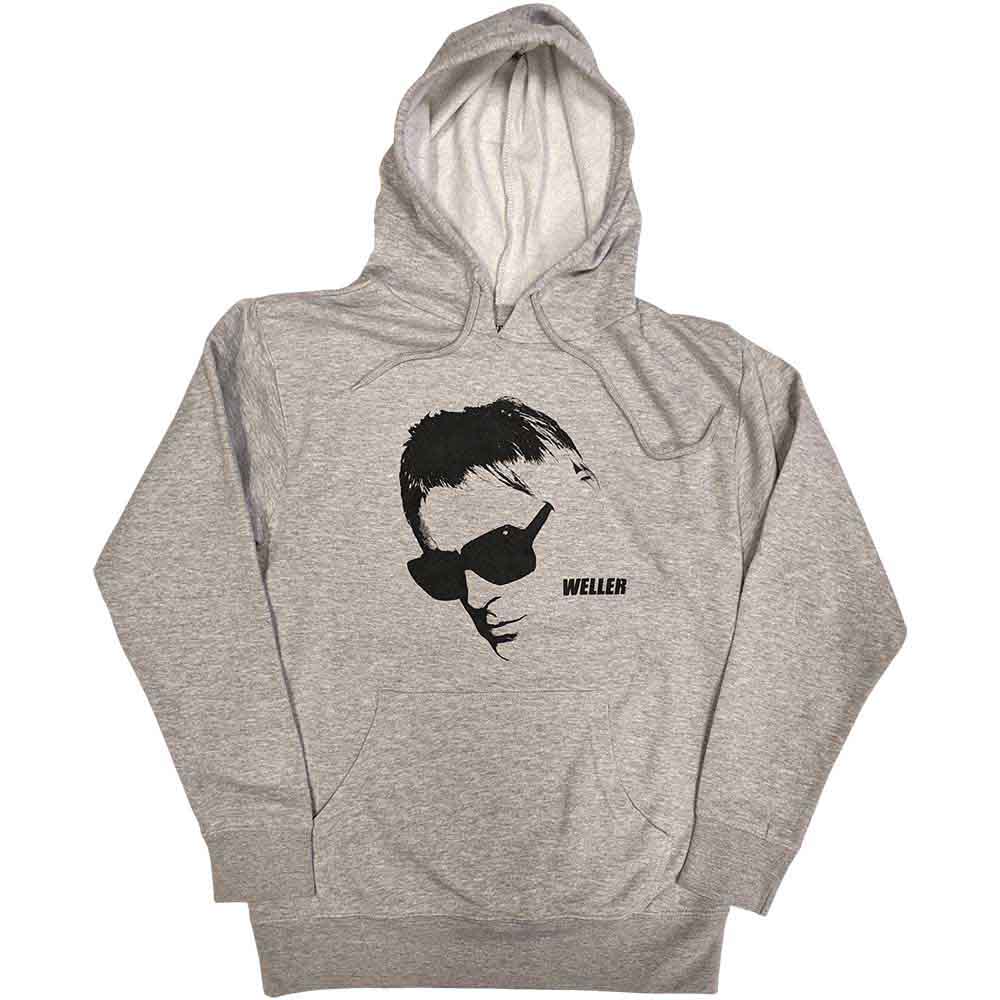 Black unisex pullover hoodie featuring a graphic print of Paul Weller wearing glasses.