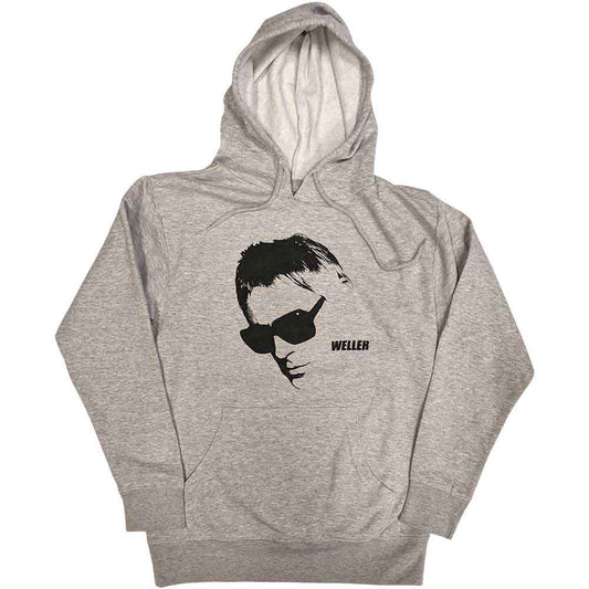 Black unisex pullover hoodie featuring a graphic print of Paul Weller wearing glasses.