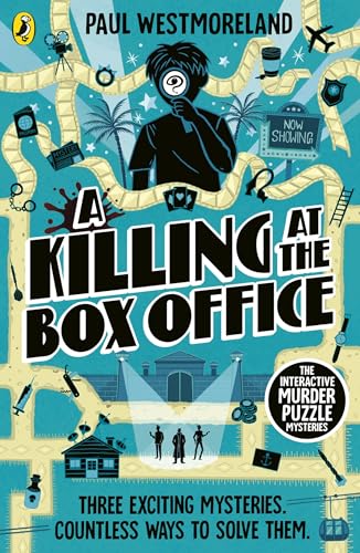 Book cover with a silhouetted detective and movie-themed mystery clues.