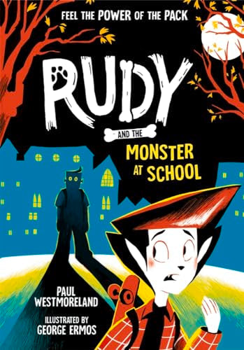 Book cover featuring a boy looking back at a dark silhouette near a school.