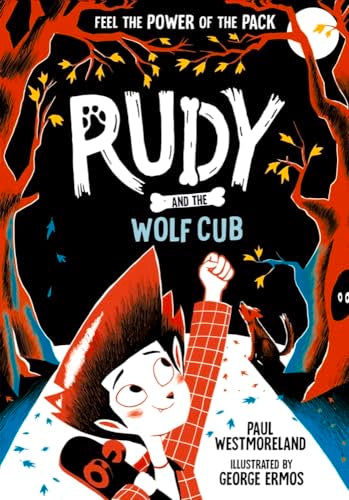 Book cover: boy with spiky hair, a wolf cub, and dark forest backdrop.