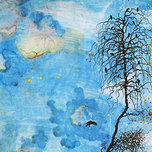 Blue and white watercolor painting of a tree with birds in flight.