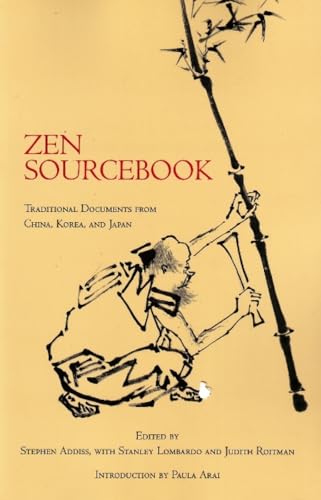 Book cover for Zen Sourcebook featuring an ink drawing of a figure holding bamboo.