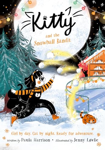 Girl in winter clothes points as snowballs fly toward a tiger.