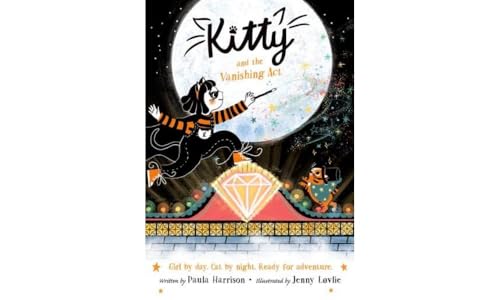 A girl dressed as a cat performs a magic trick before a large moon.