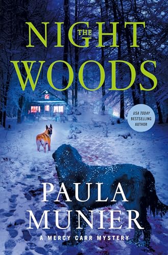 Book cover: snowy woods, cabin, dog, and large black dog in foreground.