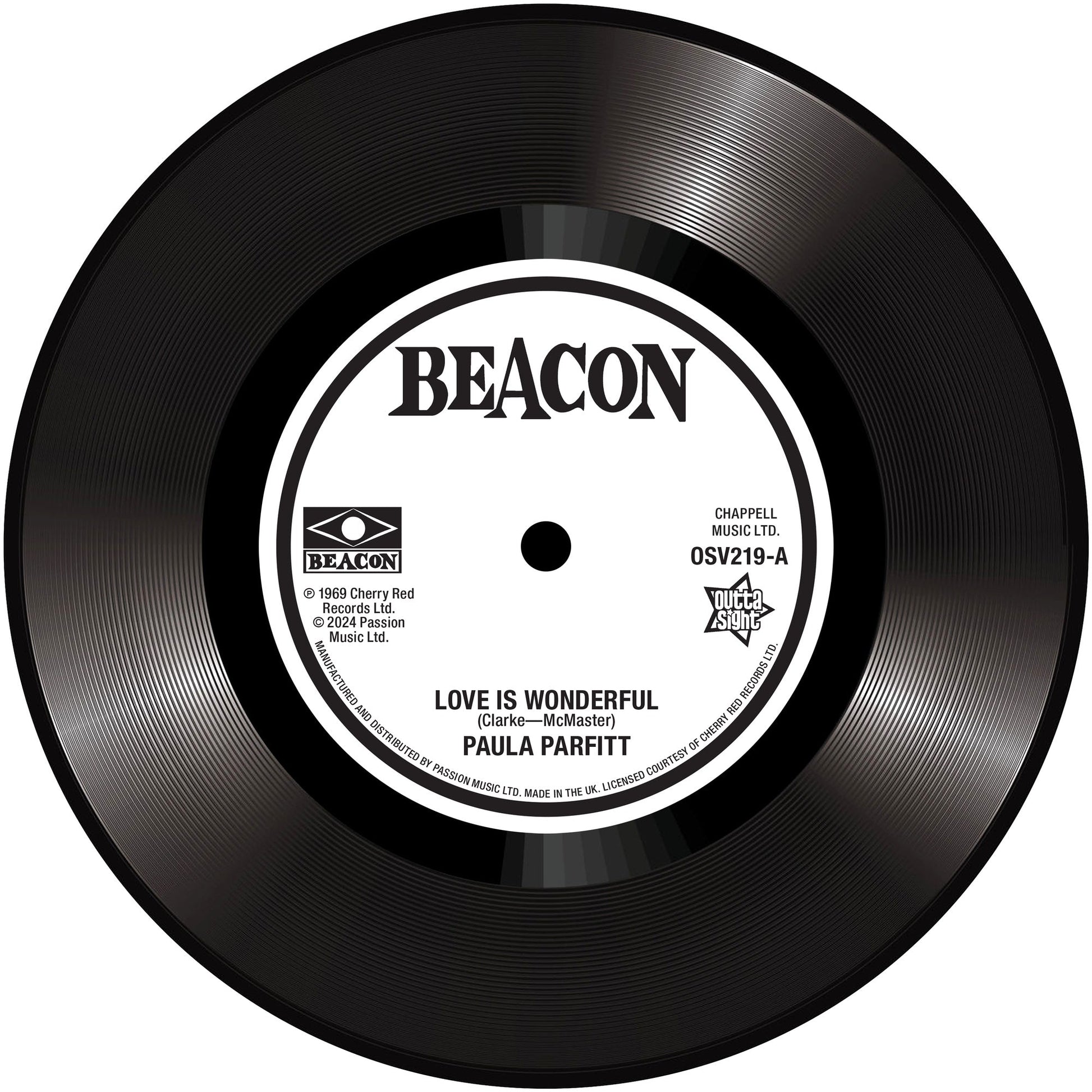 Red vinyl record label with black text: "Beacon" and "Love Is Wonderful".