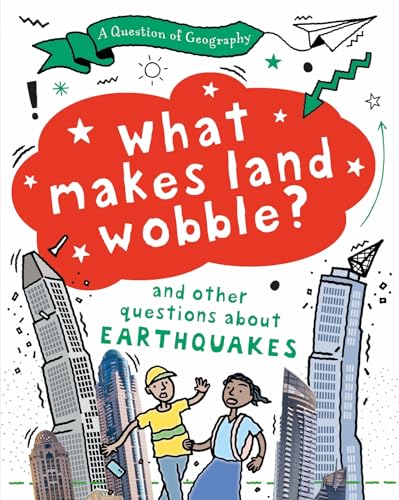 Book cover illustrating children near tilting skyscrapers, about earthquakes.