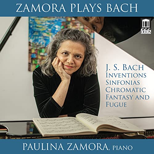 CD cover featuring pianist Paulina Zamora and sheet music, playing Bach.