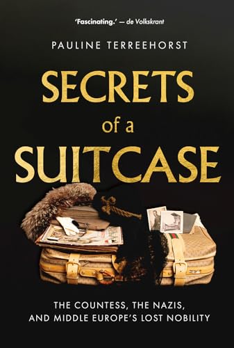 Book cover with gold text, a vintage suitcase, and old photographs.