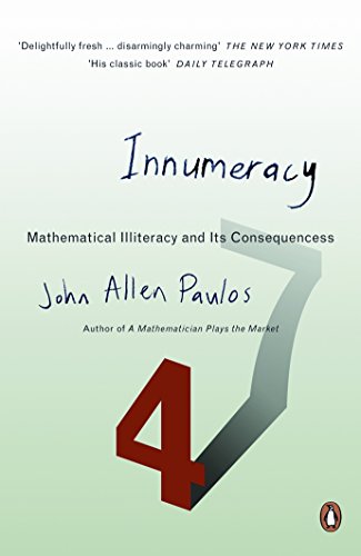 Book cover for Innumeracy by John Allen Paulos featuring a large red number four.