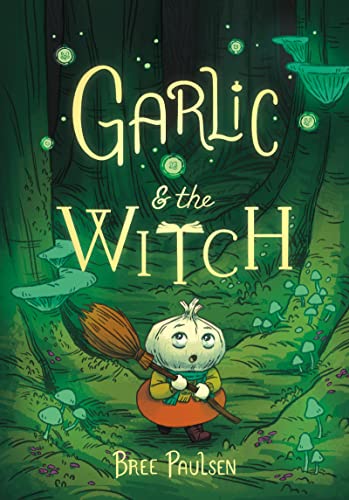 A cartoon garlic character holding a broom walks through a glowing green forest.